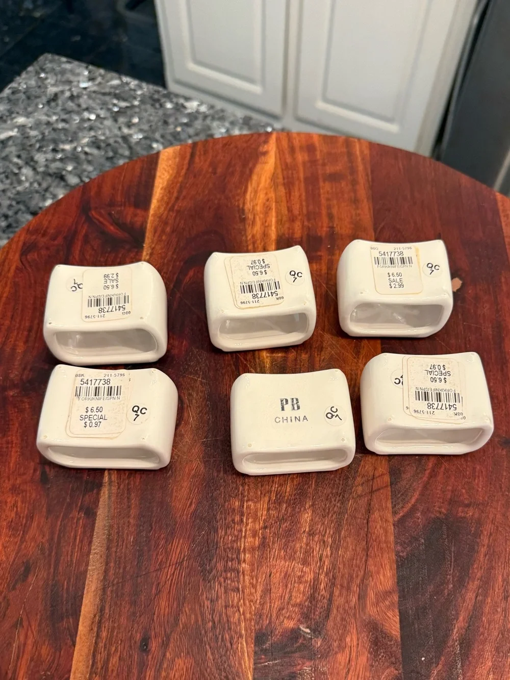 Set of 6 Ceramic Pottery Barn Napkin Ring Holders White Silver Fork Spoon New